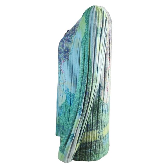 One World Sweater Womens Plus Size 1X Blue Green Pleated Ribbed Boho Artsy Soft - Picture 3 of 8